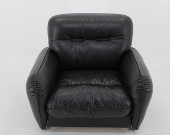 1970s Italian Black Leather Armchair, Mid-Century Modern Sofa