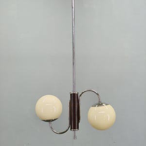 Art Deco Chandelier Chrome Wood Opaline Glass Pendant Czech Modernist Lamp