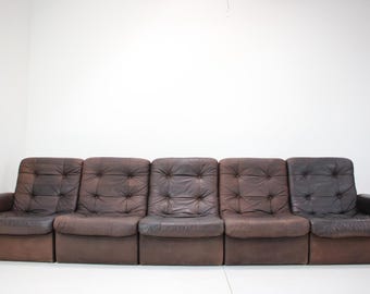 Vintage Modular Leather Five Seat Sofa 1970s Brown Lounge Sectional Czechoslovak Design