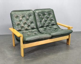 Mid Century Leder Sofa Grüne Zwei Sitzer Tschechoslowakei Vintage Lounge 1970er Jahre