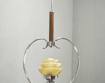 Art Deco Pendant Chandelier Chrome Bakelite Frosted Glass Czechoslovakia 1930s