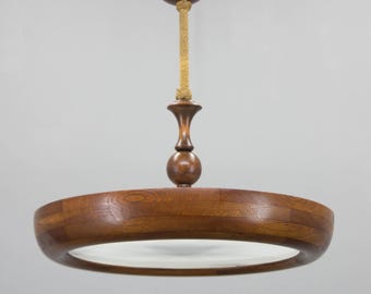 Large Wooden Art Deco UFO Chandelier, 1930s