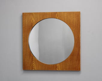 1960 年代のイタリア製ラウンドウォールミラー / 木製縁付き
