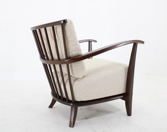 1950s Restored Beech Armchair in Boucle Fabric ,Czechoslovakia / White colour / vintage Armchair / Mid-century /