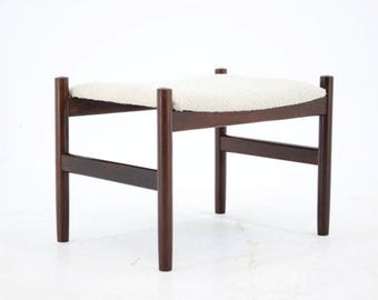 1960s Danish Stool Newly Upholstered Boucle Fabric Mid Century Modern Wooden Footstool Restored Pouf Ottoman Solid Wood Vanity Chair