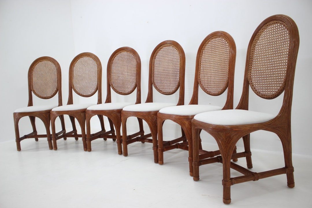 Set of 6 Antique Rattan Dining Chairs With Cane Backrest / Vintage ...