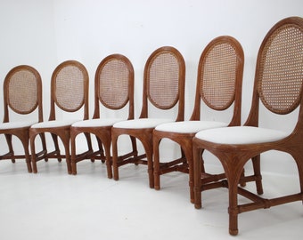 Set of 6 Antique Rattan Dining Chairs with Cane Backrest  / Vintage Chair / Brown Colour / Mid-century /