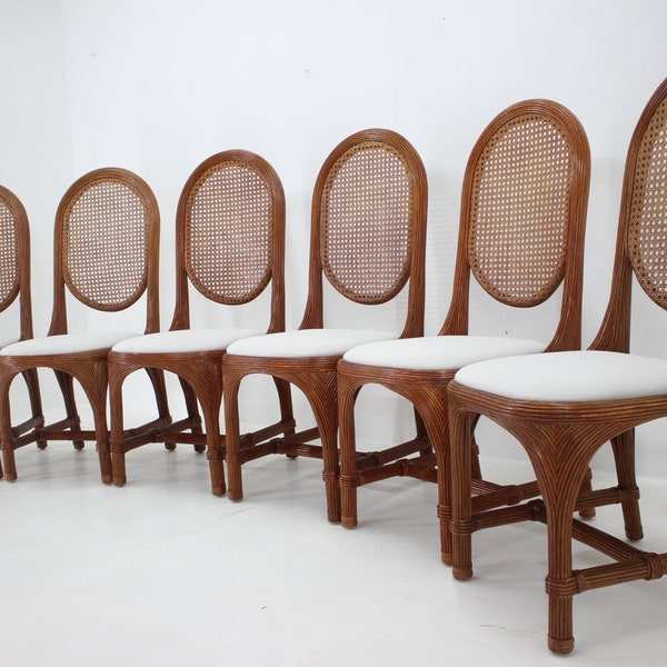 Ensemble de 6 chaises de salle à manger en rotin antique avec dossier en canne / chaise vintage / couleur marron / milieu du siècle /