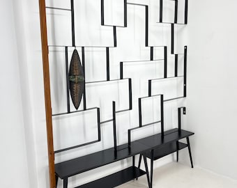 1960's Art Wall Unit or Room Divider with Sculpture by Jelínek / Large Metal Art Wall with Benches / Unique Piece