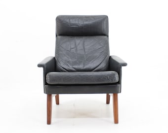 1970 Teak Leather High Back Armchair ,Denmark / Vintage Armchair / Black Colour / Mid-century /