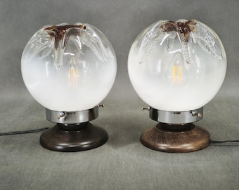 Pair Murano Glass Table Lamps Italian Mid Century Bedside Lights Chrome Wood 1950s