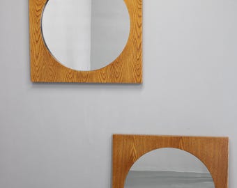 1970s Pair of Oak Large Square Mirrors, Czechoslovakia - 5 sets available  / Vintage Mirror /  Mid-century /