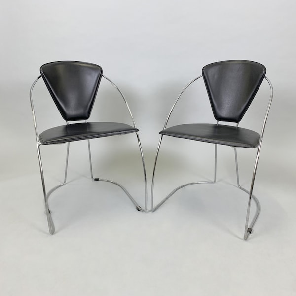 Pair of Vintage Chairs, 1980's / Chrome & Leatherette Chairs / Set of Two Chrome Chairs / Vintage Leatherette Chairs / Black Chair