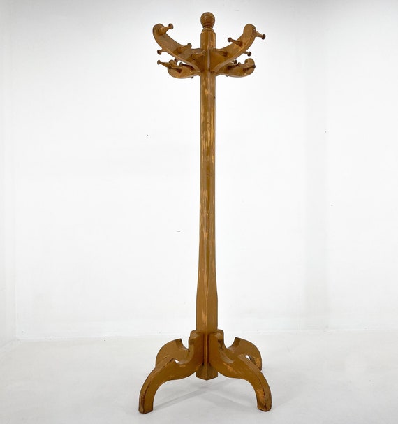 Vintage Wooden Coat Stand, Large Hall Tree, Czechoslovakia 1950s