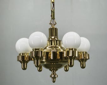 Art Deco Messing Kronleuchter Tschechische Funktionalist Deckenleuchte Verstellbare Arme 1930er Jahre