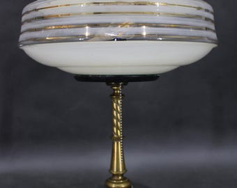 Lampada da tavolo in ottone restaurata degli anni '40 con paralume in vetro / Lampada vintage / Metà secolo