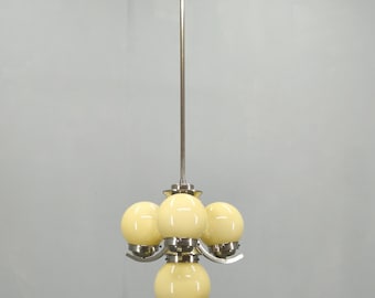 Art Deco Chandelier Chrome Opaline Glass Pendant Light 1930s Ceiling Lamp