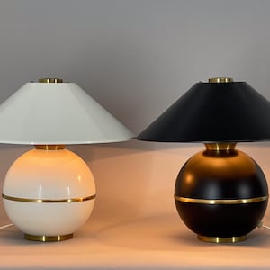 Pair of Mid-Century Brass & Metal Table Lamps by Napako, Czechoslovakia / Black and White / Vintage Table Lamps / Set of Two