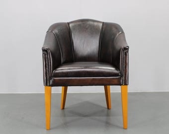 Vintage Ledersessel, Tschechoslowakei, Mid-Century Modern, Buche Beine