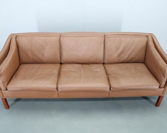 1970s Danish Brown Leather 3-Seater Sofa, Mid Century Modern Beech Frame Couch, Vintage Scandinavian