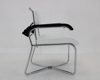 1940s Rare Restored Bauhaus Chrome Plated Adjustable Armchair in White Leather, Czechoslovakia