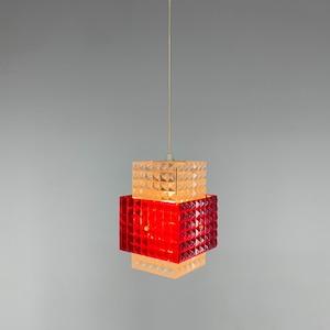 1970&#39;s Plastic Pendant Light, Germany / Small Pendant Light / Vintage Square Pendant / Red & White