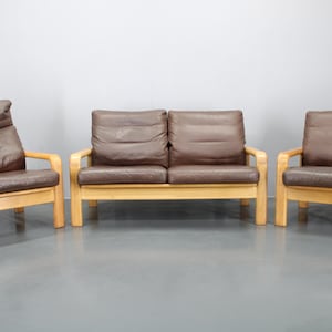1970er Jahre L.Olsen & Søn Wohnzimmer Set,Dänemark / Mid-century /Vintage Sofa / Sofa aus Eiche und Leder