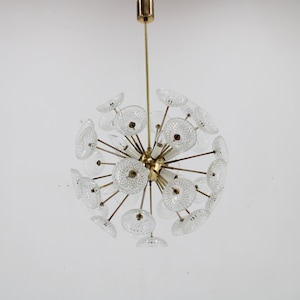 1970s Glass Dandelion Chandelier in Brass Finish by Kamenicky Senov, Czechoslovakia / Mid-century /