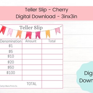 Cash Teller Slips - Cherry/Square/Pink/Cash Breakdown/Bank Slip/Printable/3inx3in