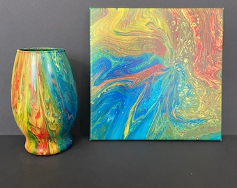 acrylic pour on a vase and canvas