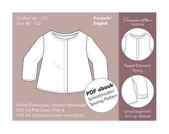 Modèle de couture PDF Cardigan avec patte de boutonnage cachée (ebook allemand/anglais) pour bébé tout-petit taille 68 - 122