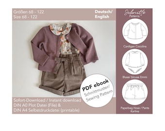 PDF sewing pattern for cardigan, Peter Pan collar blouse and paperbag pants (German/ English ebook) combination package in size 68-122