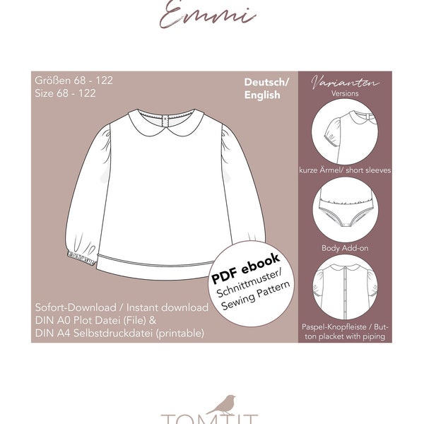 PDF sewing pattern blouse with Peter Pan collar and body (German/ English/ ebook) for baby toddler child size 68 - 122