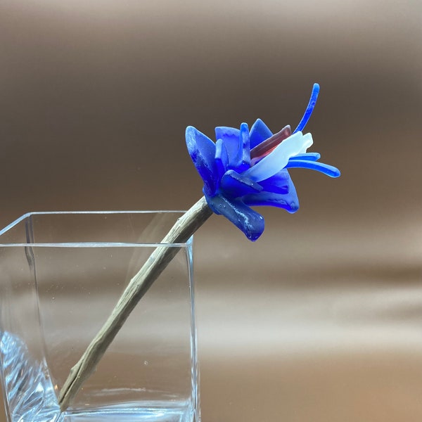 Blue, Red and White Sea Glass Flower on a driftwood stem, 10" tall, 2.5" diameter blossom.