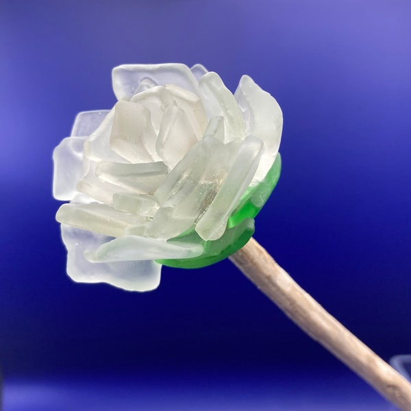 White Sea Glass Rose with Green Sepal on driftwood stem, 13.5" tall, 1.75" diameter blossom.