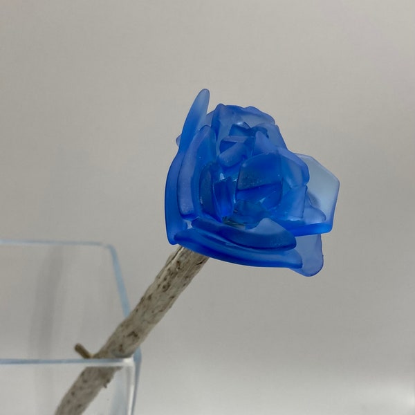 Azure Blue Sea Glass Rose on driftwood stem, 10" tall, 1.75" diameter blossom.