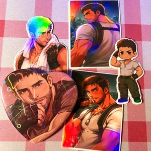 May include: A collection of five stickers featuring a muscular character with short dark hair. The set includes a heart-shaped sticker, a small chibi-style sticker, and three rectangular stickers showing the character in various poses.