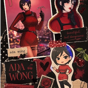 May include: A collage featuring illustrations of Ada Wong in a red dress, with the text "ADA WONG" and phrases like "beautiful, but dangerous." The design includes hearts, cherries, and a vintage postage stamp.