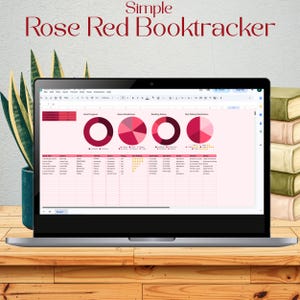 May include: A laptop screen displays a digital spreadsheet titled Simple Rose Red Booktracker, featuring data tables, donut charts, and pie charts in shades of red and pink to track reading progress, genres, and star ratings.