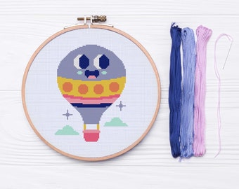 Happy Little Purple Balloon - Cross Stitch Pattern Instant Download, Baby Shower Gift, Hot Air Balloon, Girls Room Decor