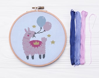 Birthday Llama Pink - Cross Stitch Pattern Instant Download, Baby Shower Gift, Animal Cross Stitch, Girl Birthday Gift Cross Stitch