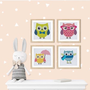 Owl Family - Collection of 4 Owl Cross Stitch Patterns, Instant Download. Cute Owls, Nursery Decor, Kids Cross Stitch