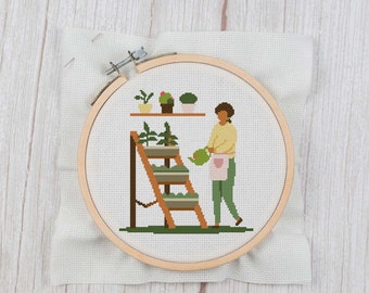 Plant Lady - Cross Stitch Pattern Instant Download, DIY Gift Plant Lover Cross Stitch, Botanical Cross Stitch, House Plants Cross Stitch