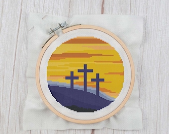 Tre kors - Korsstygnsmönster direkt nedladdning, DIY påskgåva, Han är uppstånden, Religiöst korsstygn