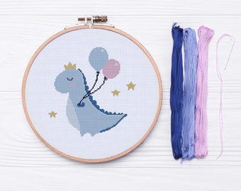 Birthday Dinosaur Blue - Cross Stitch Pattern Instant Download, Baby Shower Gift, Dinosaur Cross Stitch, Boy Birthday Gift Cross Stitch