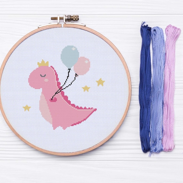 Birthday Dinosaur Pink - Cross Stitch Pattern Instant Download, Baby Shower Gift, Dinosaur Cross Stitch, Girl Birthday Gift Cross Stitch