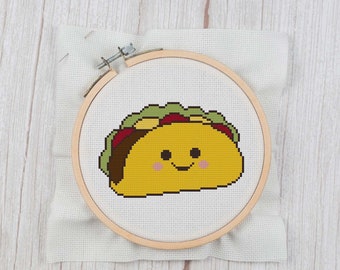 Happy Little Taco - Patrón de punto de cruz Descarga instantánea, Punto de cruz para amantes de los tacos, Punto de cruz de cocina, Punto de cruz para principiantes