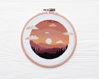 Sunset Landscape - Cross Stitch Pattern Instant Download, Gift for Nature Lovers, DIY Home Decor