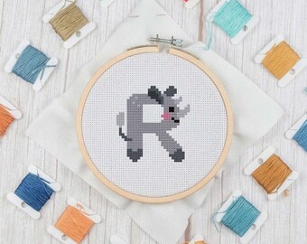 MINI R is for Rhino - Cross Stitch Pattern Instant Download, Mini Cross Stitch Beginner Pattern, Ornament, Zoo Animal Cross Stitch
