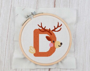D is for Deer - Cross Stitch Pattern Digital Download, Baby Shower, Nursery Decor, Forest Animal Alphabet Cross Stitch, Deer Cross Stitch